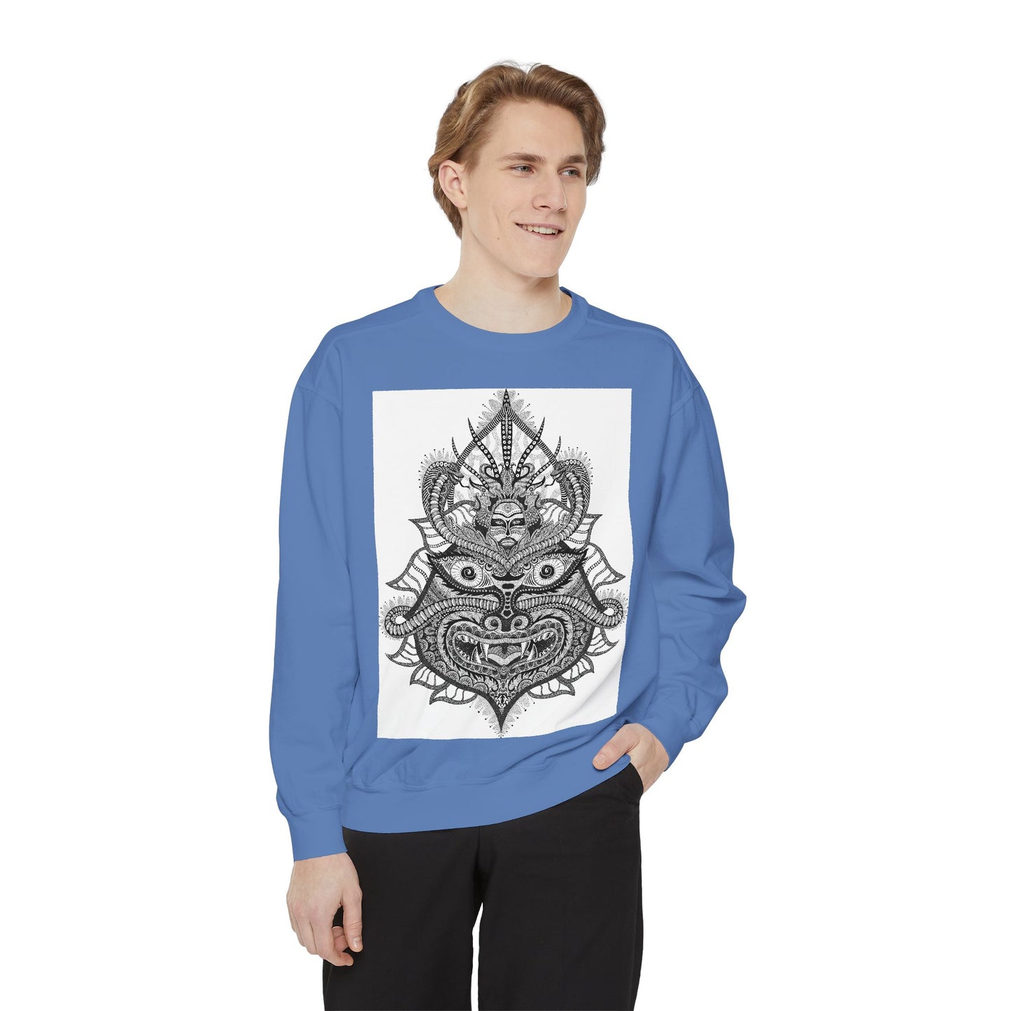 Unique Unisex Garment-Dyed Sweatshirt with Intricate Graphic Design