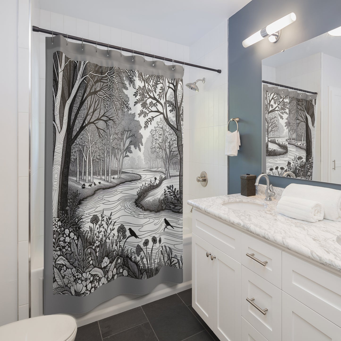Nature-Inspired Shower Curtain with Scenic Landscape Design