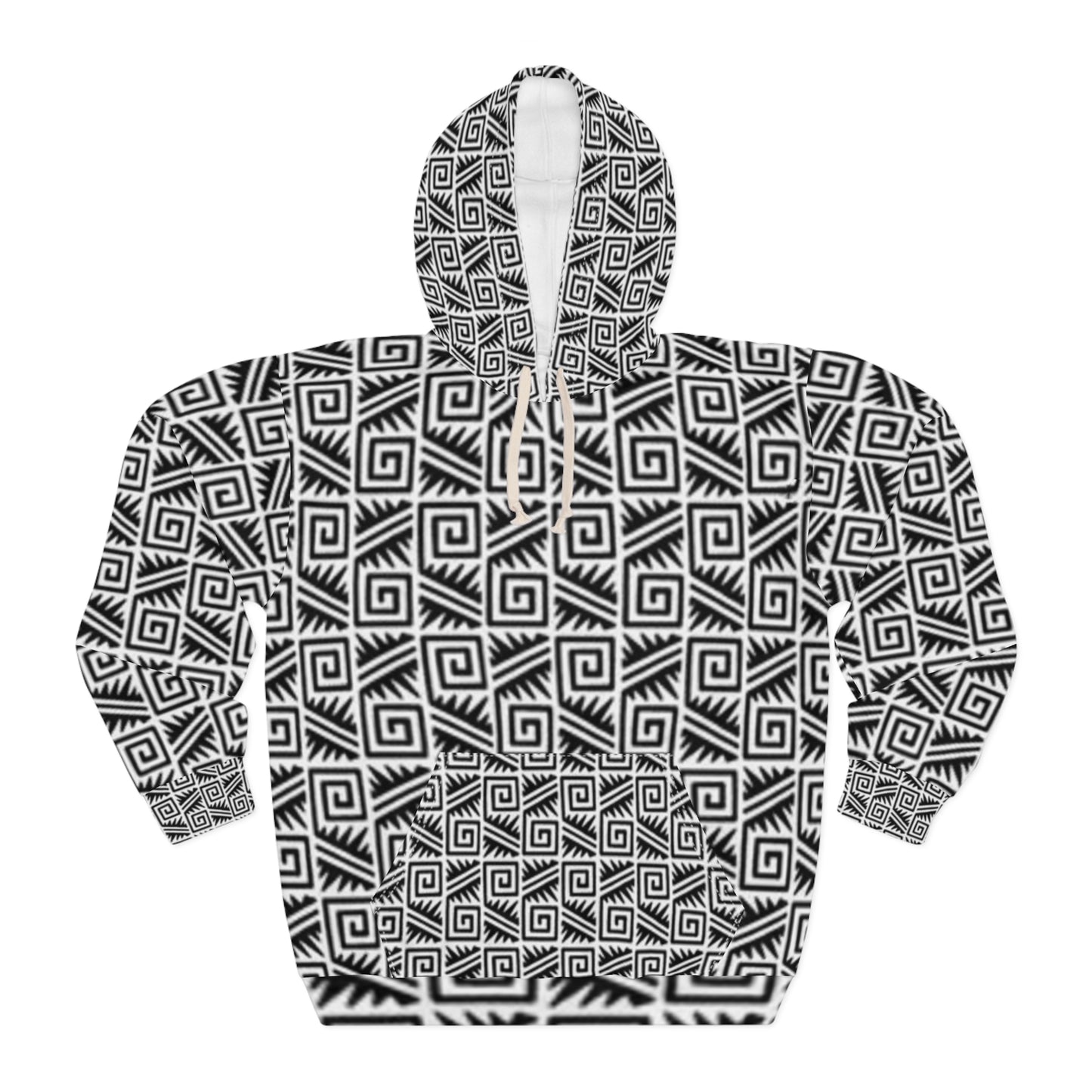 Geometric Spiral Unisex Pullover Hoodie - Cozy Black and White Design
