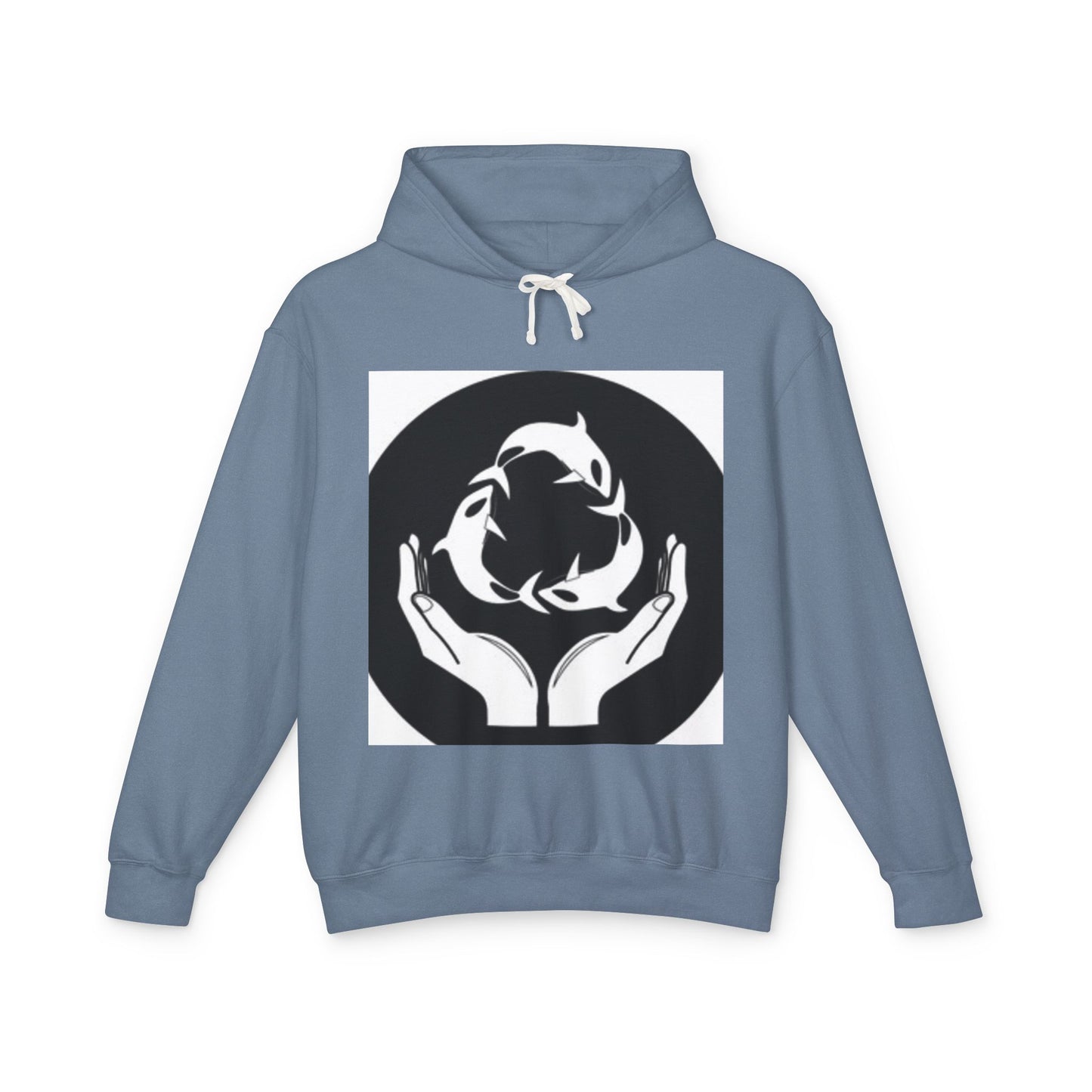 Eco-Friendly Unisex Lightweight Hooded Sweatshirt - Hands and Fish Design