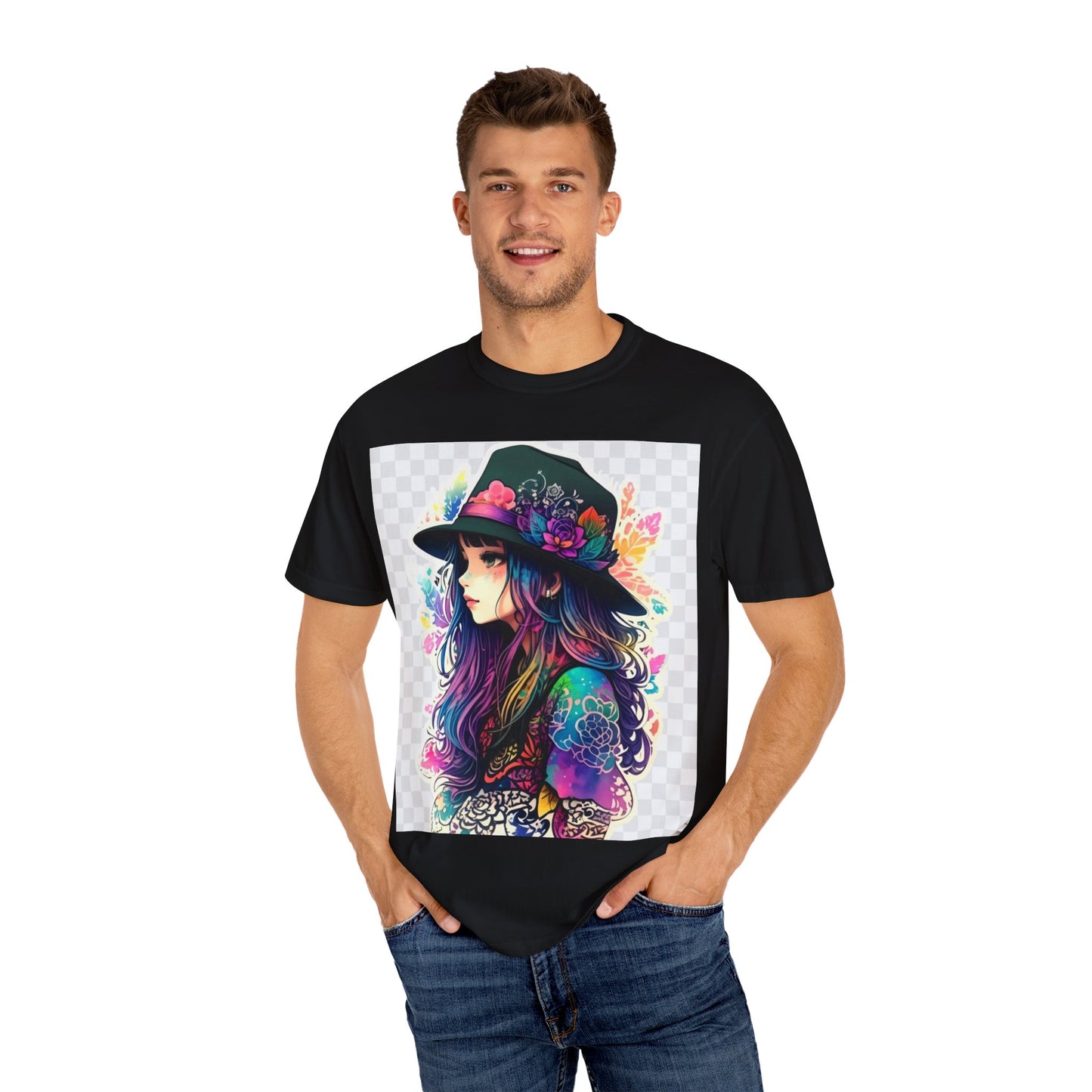 Vibrant Bohemian T-Shirt with Colorful Tattooed Girl Design