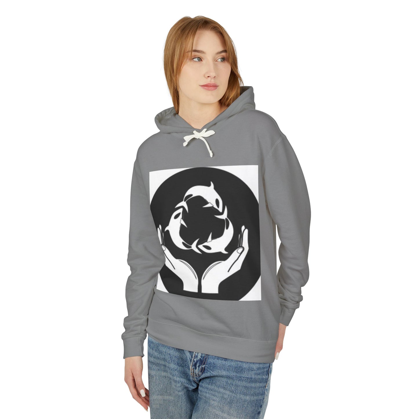 Eco-Friendly Unisex Lightweight Hooded Sweatshirt - Hands and Fish Design