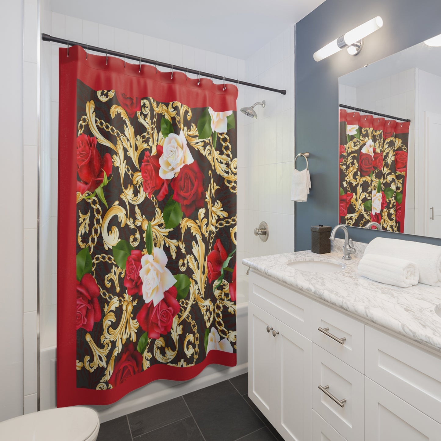 Elegant Floral Shower Curtains with Roses and Gold Accents