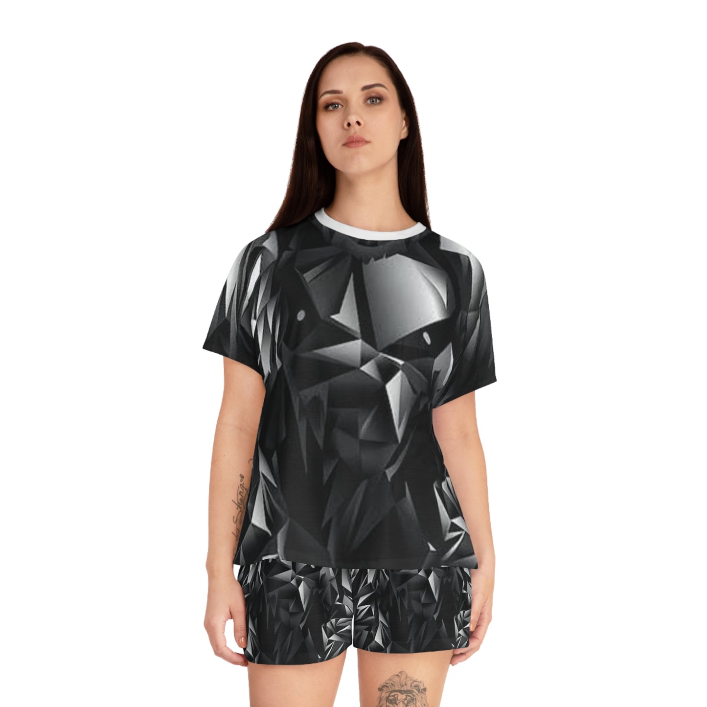 Stylish Black Geometric Women's Pajama Set | Short Sleeves & Shorts | Cozy Sleepwear