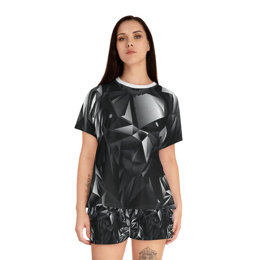 Stylish Black Geometric Women's Pajama Set | Short Sleeves & Shorts | Cozy Sleepwear