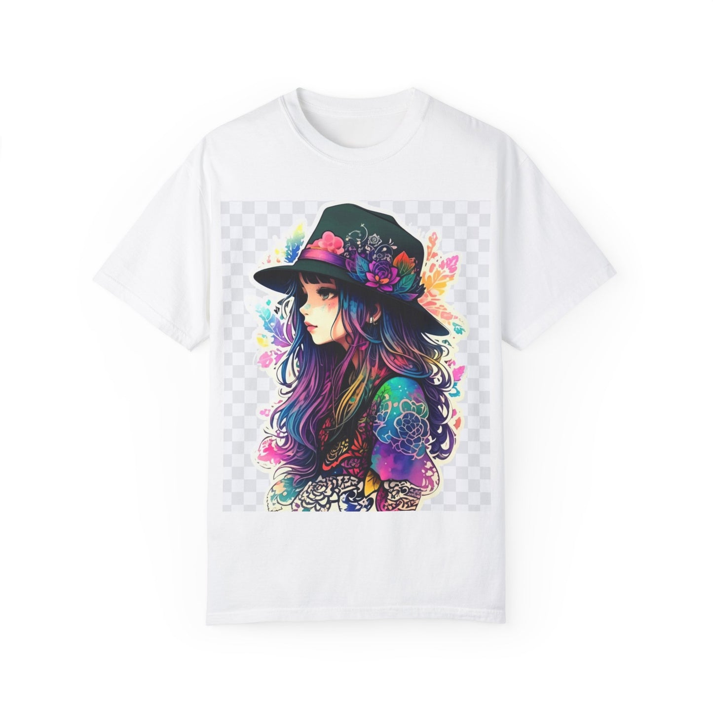 Vibrant Bohemian T-Shirt with Colorful Tattooed Girl Design