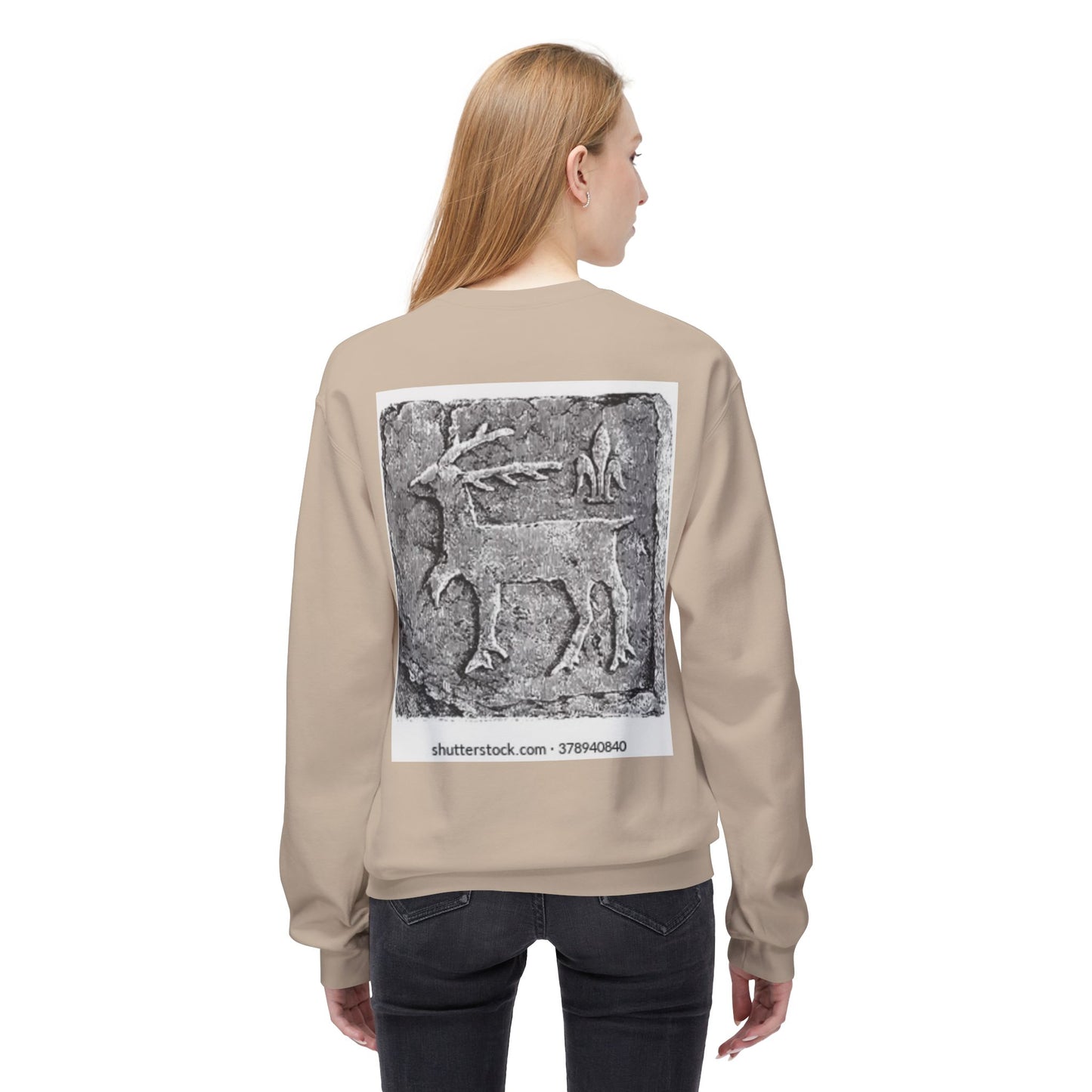 Vintage-Inspired Fleece Crewneck Sweatshirt with Ancient Deer Design