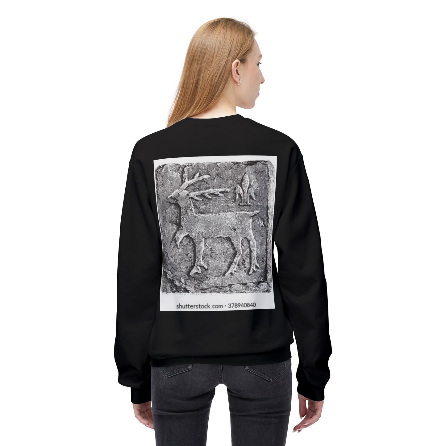 Vintage-Inspired Fleece Crewneck Sweatshirt with Ancient Deer Design