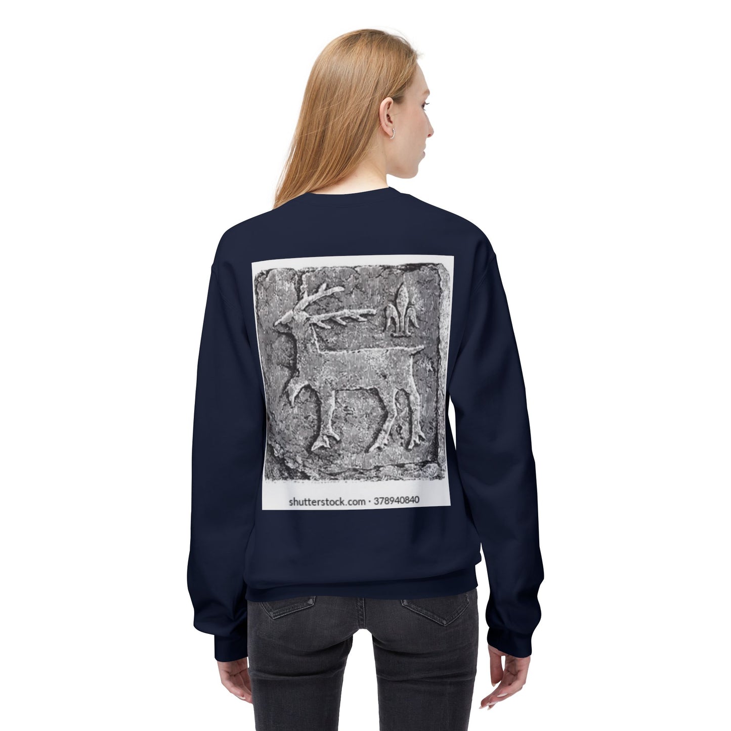Vintage-Inspired Fleece Crewneck Sweatshirt with Ancient Deer Design