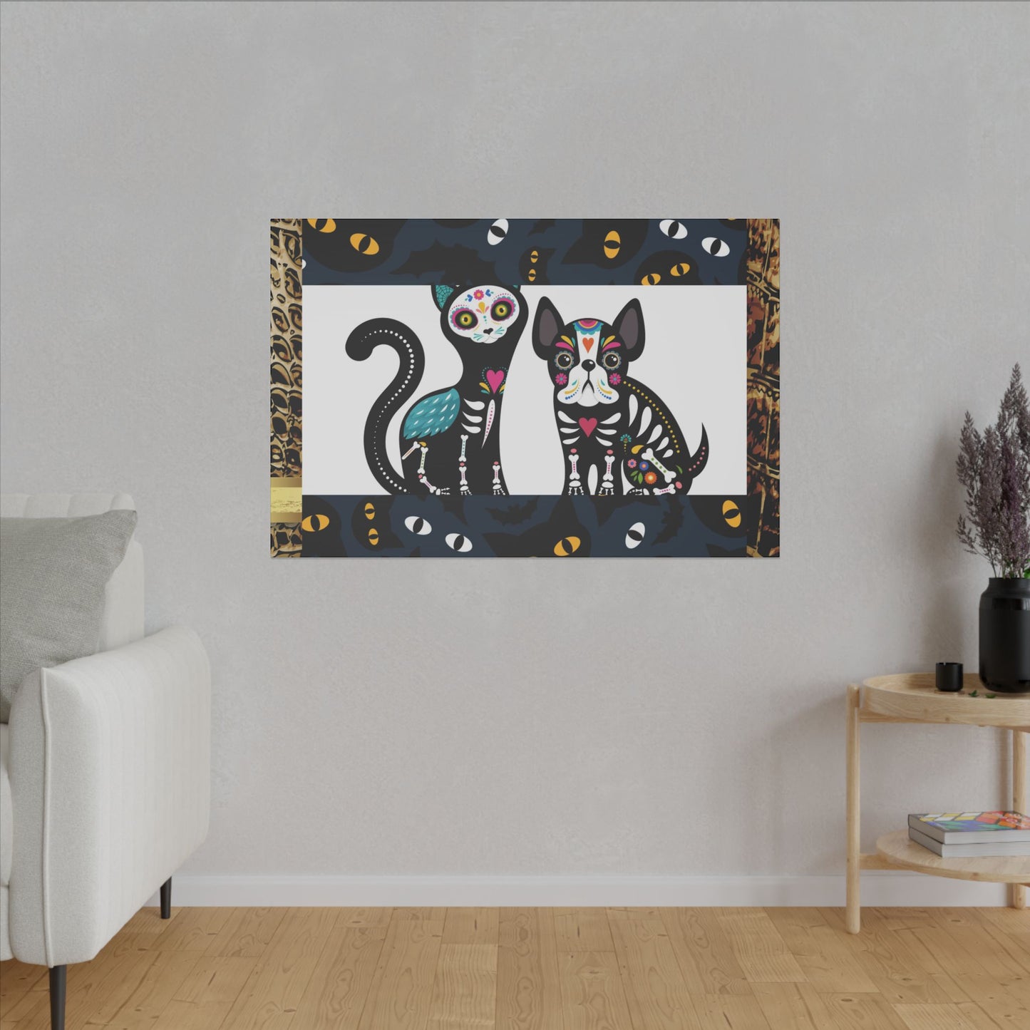 Day of the Dead Pet Canvas Art - Colorful Cat and Dog Wall Decor
