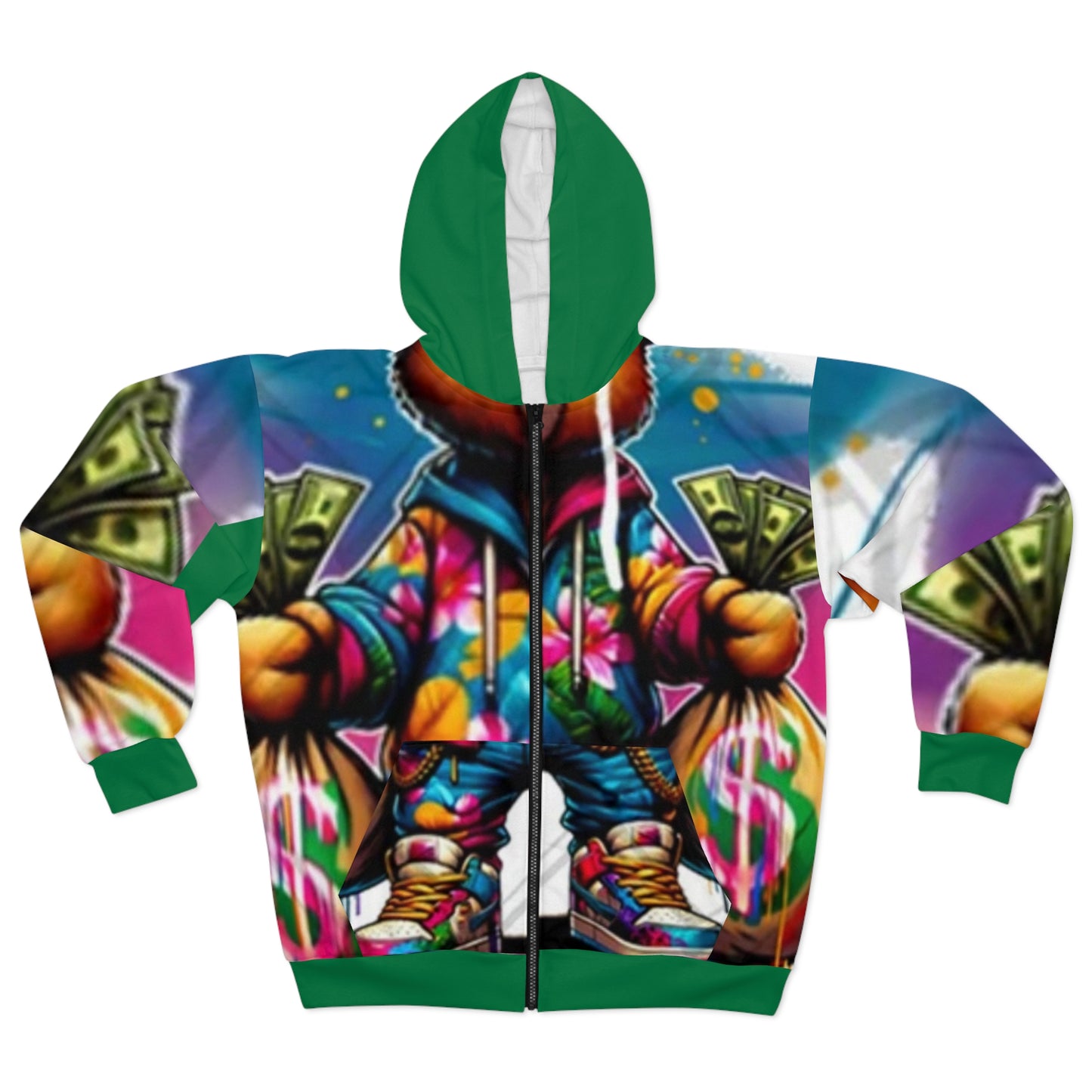Gangster Bear Unisex Zip Hoodie - Floral Design & Money Bags
