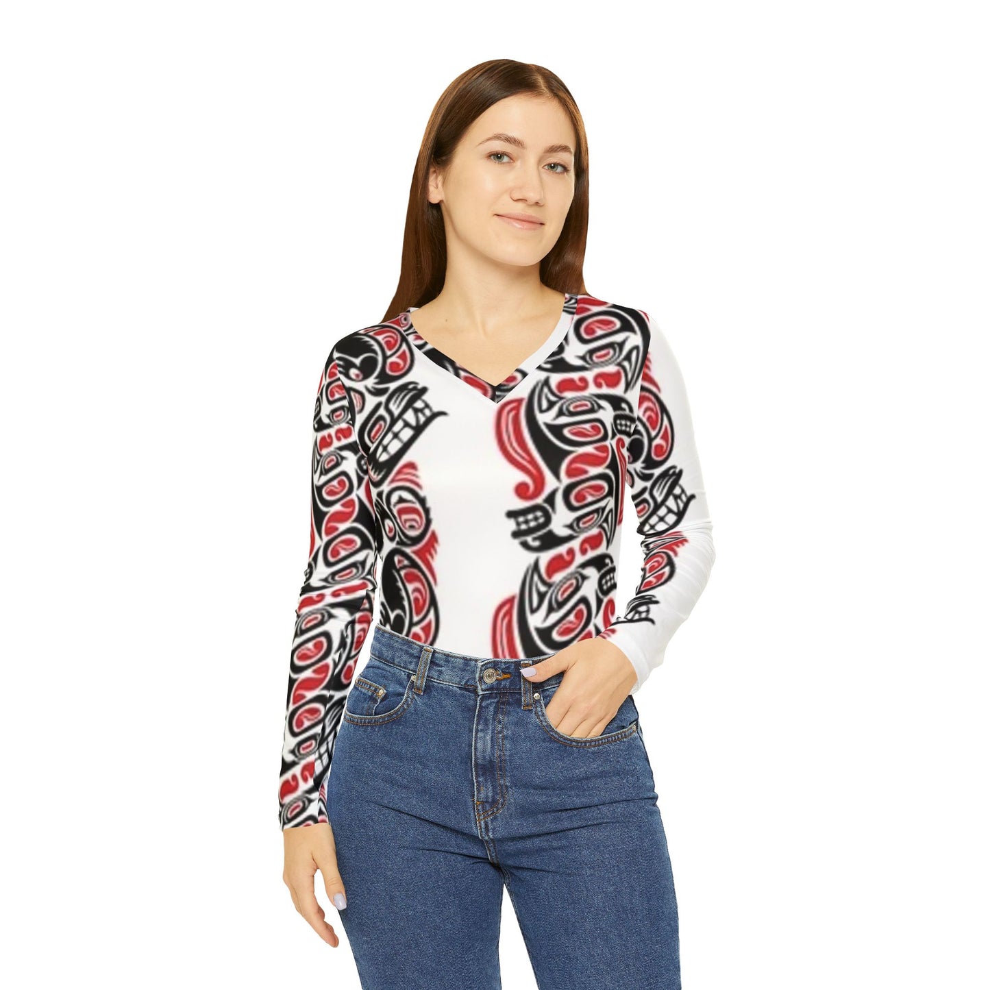 Cultural Spirit Women's Long Sleeve V-Neck Shirt - Bold Indigenous Design