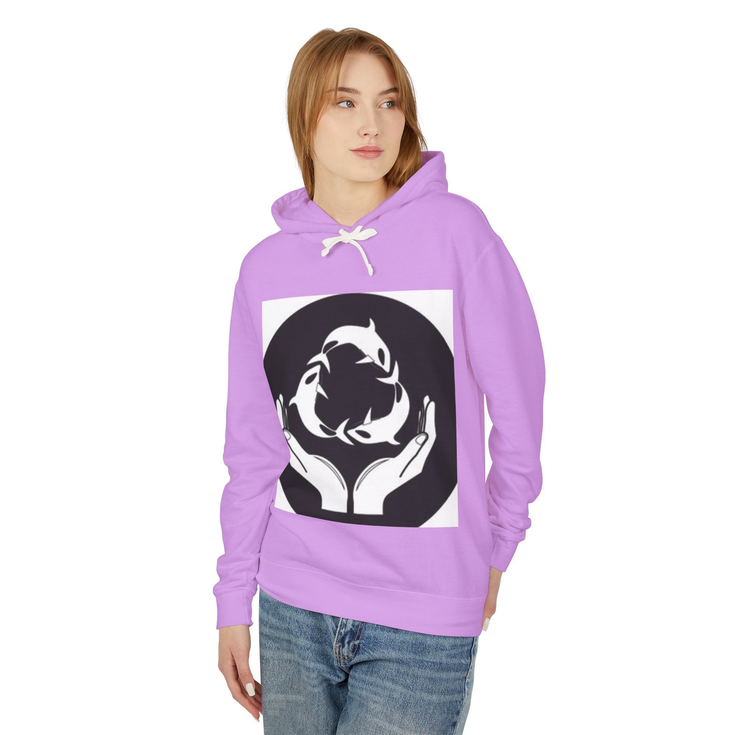 Eco-Friendly Unisex Lightweight Hooded Sweatshirt - Hands and Fish Design