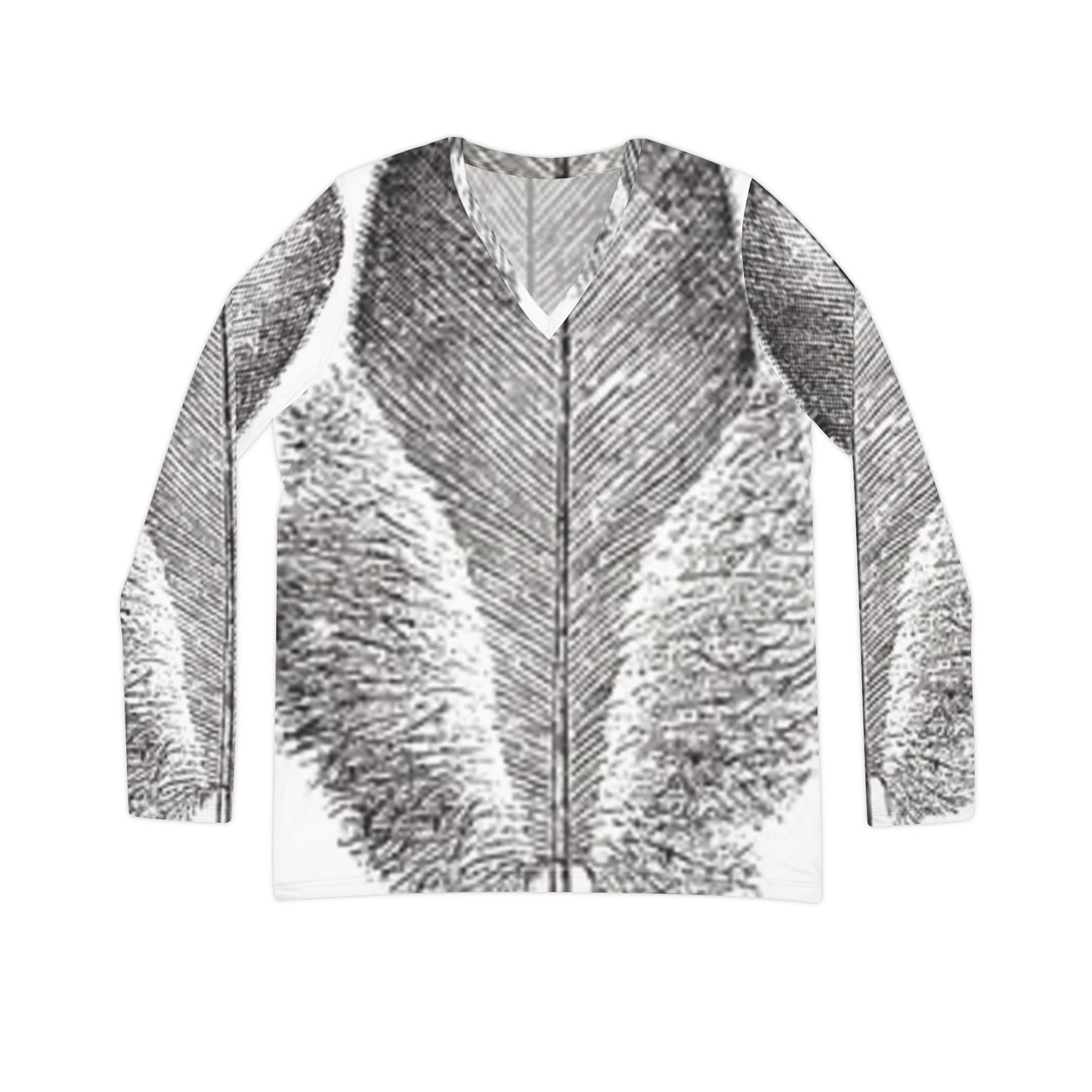 Elegant Women's Long Sleeve V-Neck Shirt with Artistic Feather Design