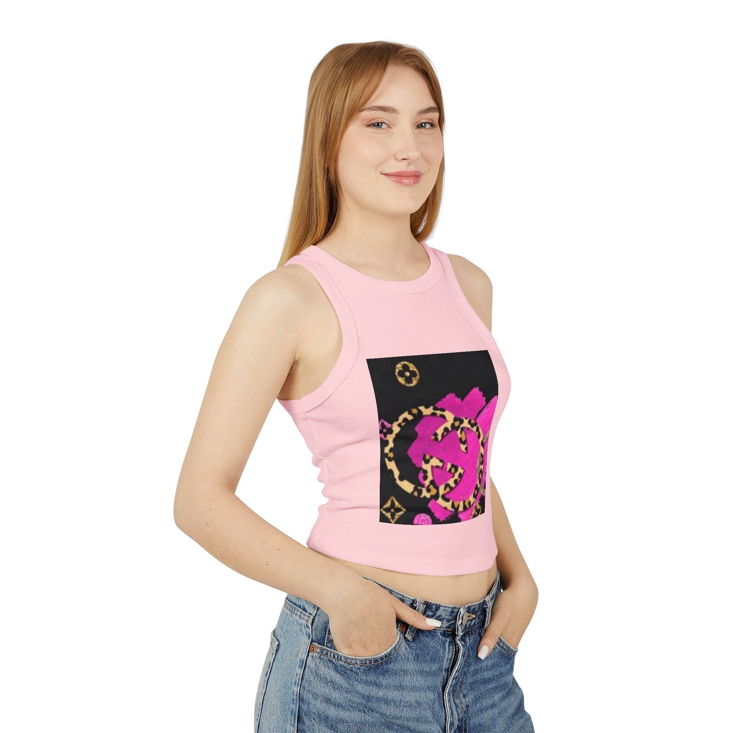 Chic Women's Micro Rib Racer Tank Top with Bold Graphic Print
