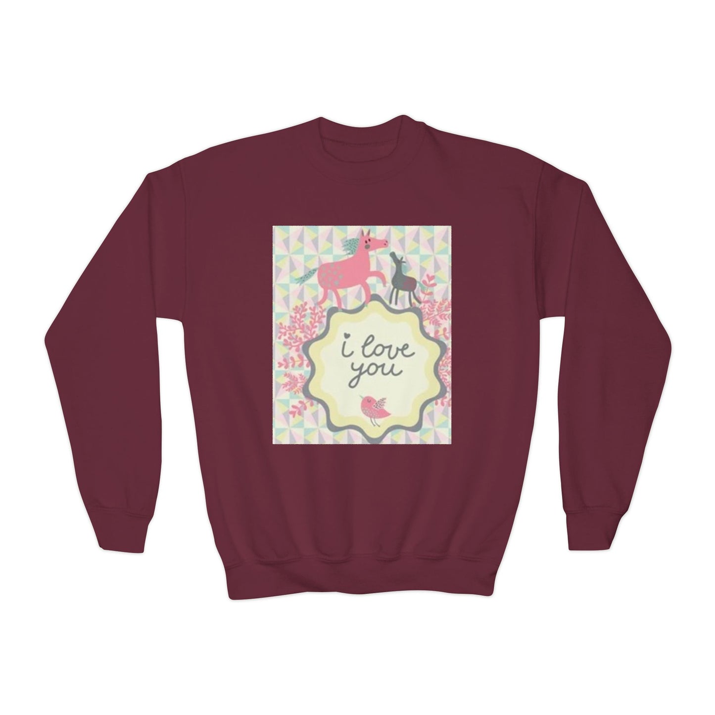 Youth Crewneck Sweatshirt with "I Love You" Unicorn Design