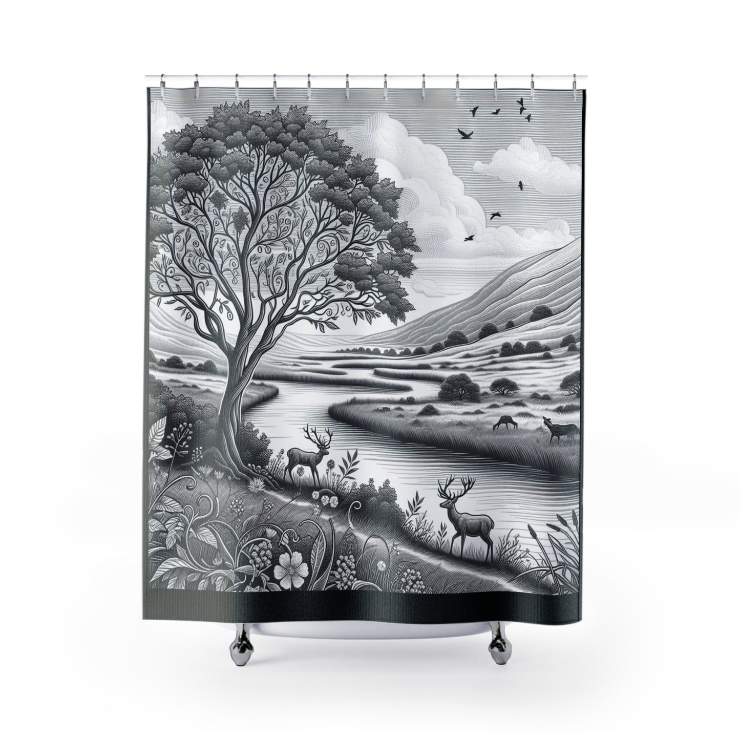 Nature-Inspired Shower Curtain with Scenic Landscape Design