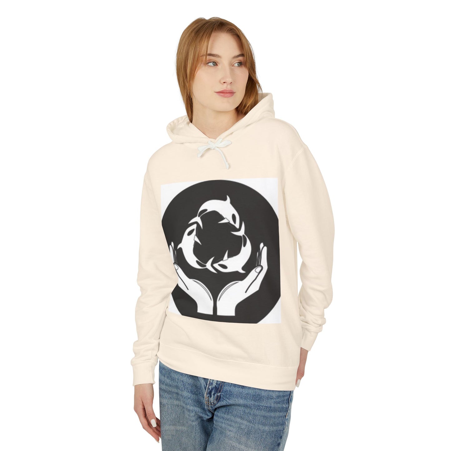 Eco-Friendly Unisex Lightweight Hooded Sweatshirt - Hands and Fish Design