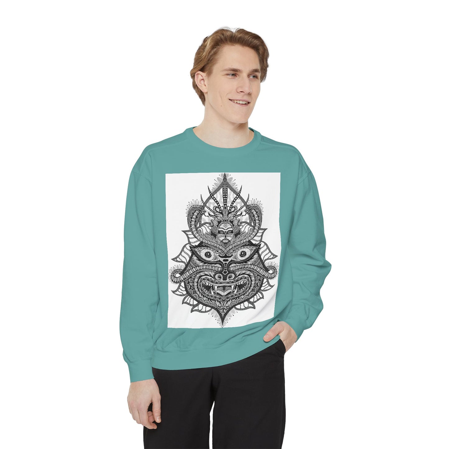Unique Unisex Garment-Dyed Sweatshirt with Intricate Graphic Design