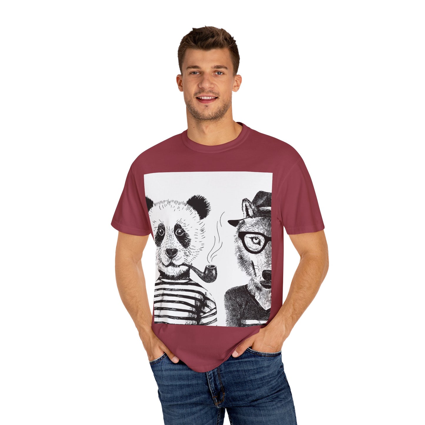 Whimsical Animal Friends T-Shirt - Stylish Panda & Wolf Design