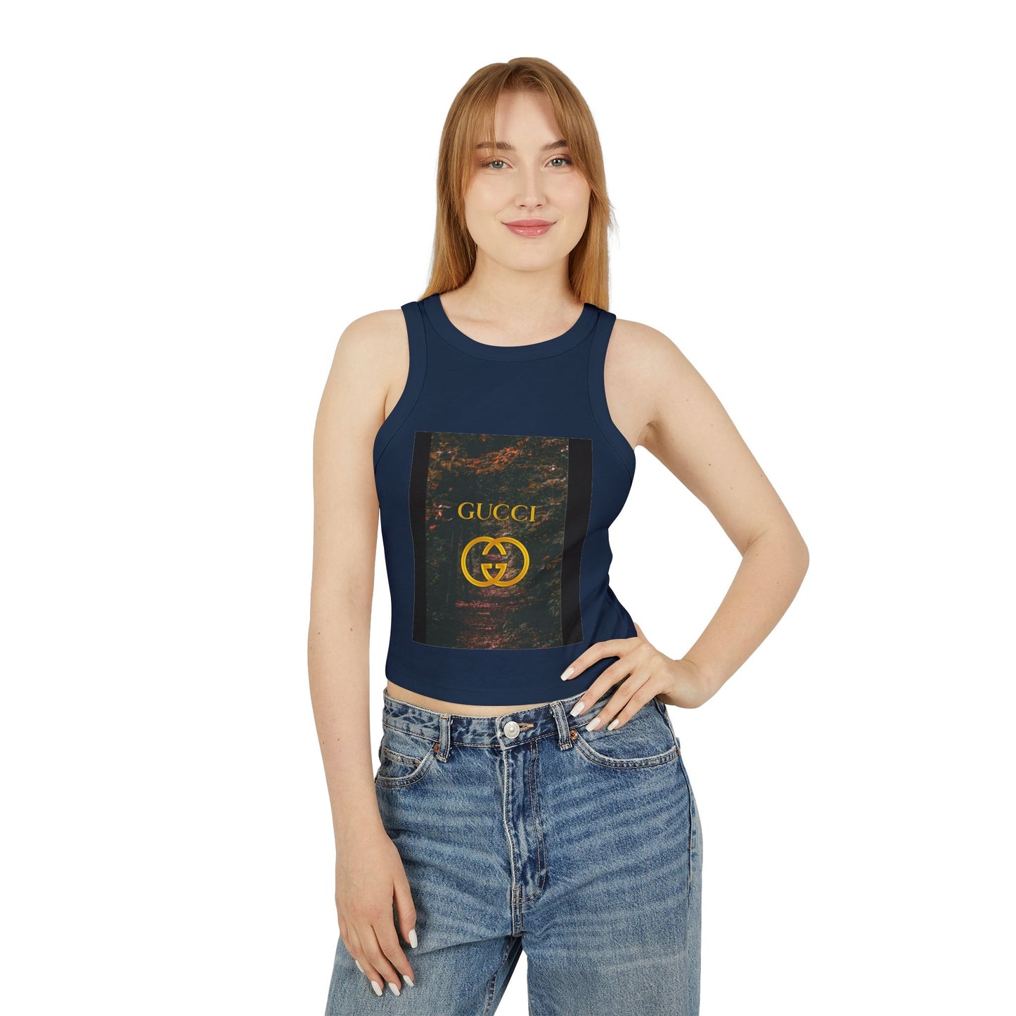 Trendy Women's Micro Rib Racer Tank Top with GUCCI Graphic - Casual Chic Style for Everyday Wear