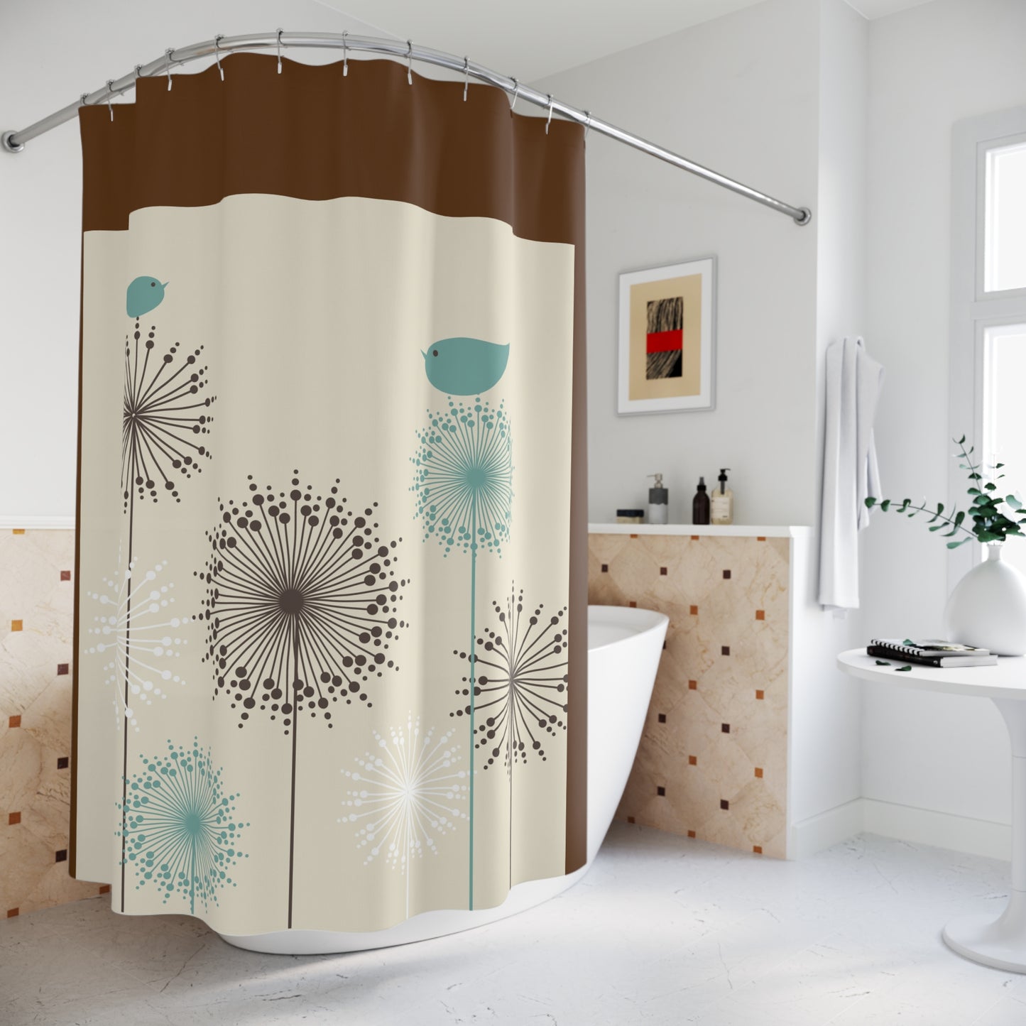 Whimsical Floral Shower Curtain with Bird Design - Nature-Inspired Bathroom Decor