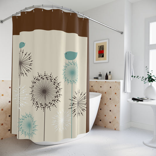 Whimsical Floral Shower Curtain with Bird Design - Nature-Inspired Bathroom Decor