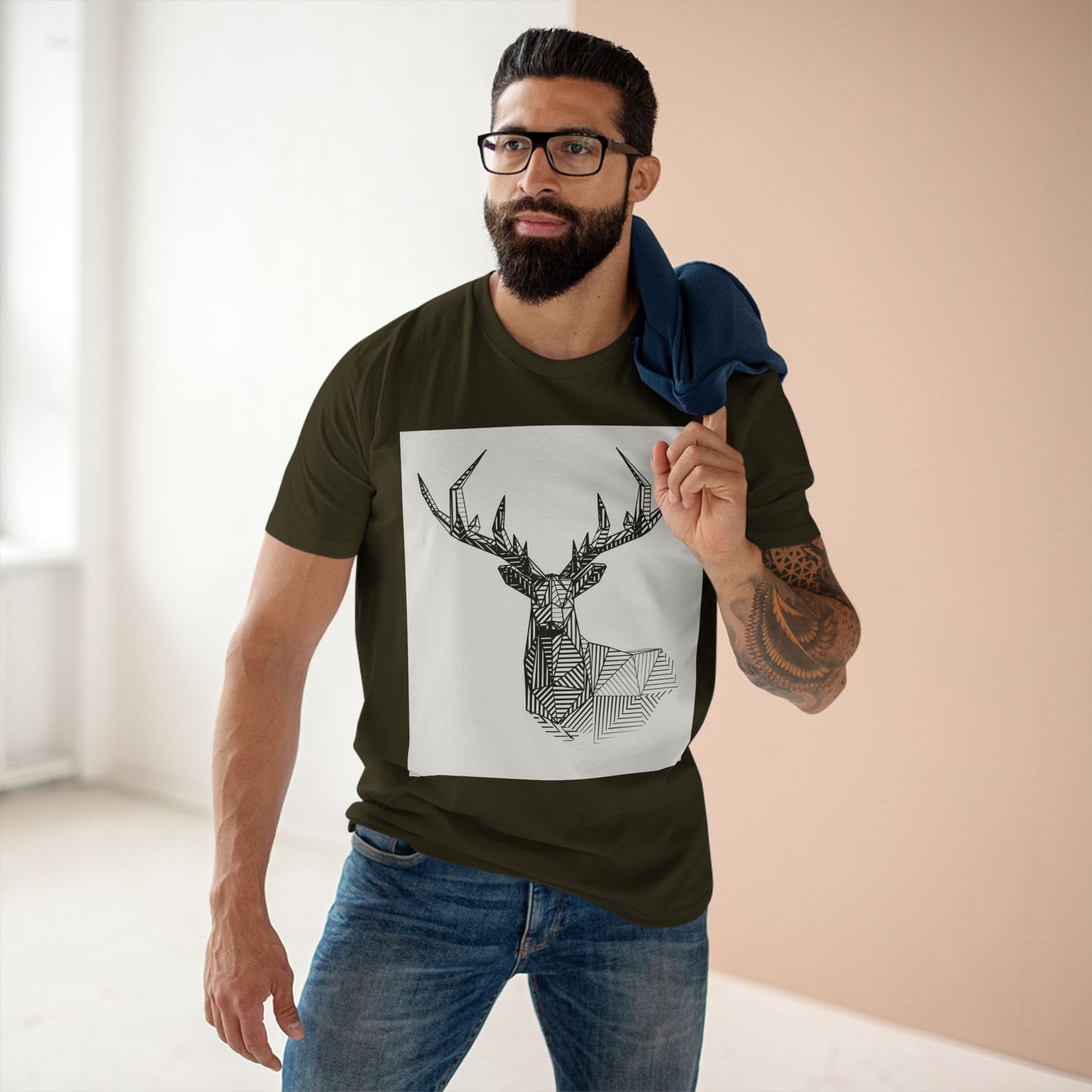 Geometric Deer & Spider Web Adult Staple Tee - Nature-Inspired Graphic T-Shirt for Outdoor Enthusiasts
