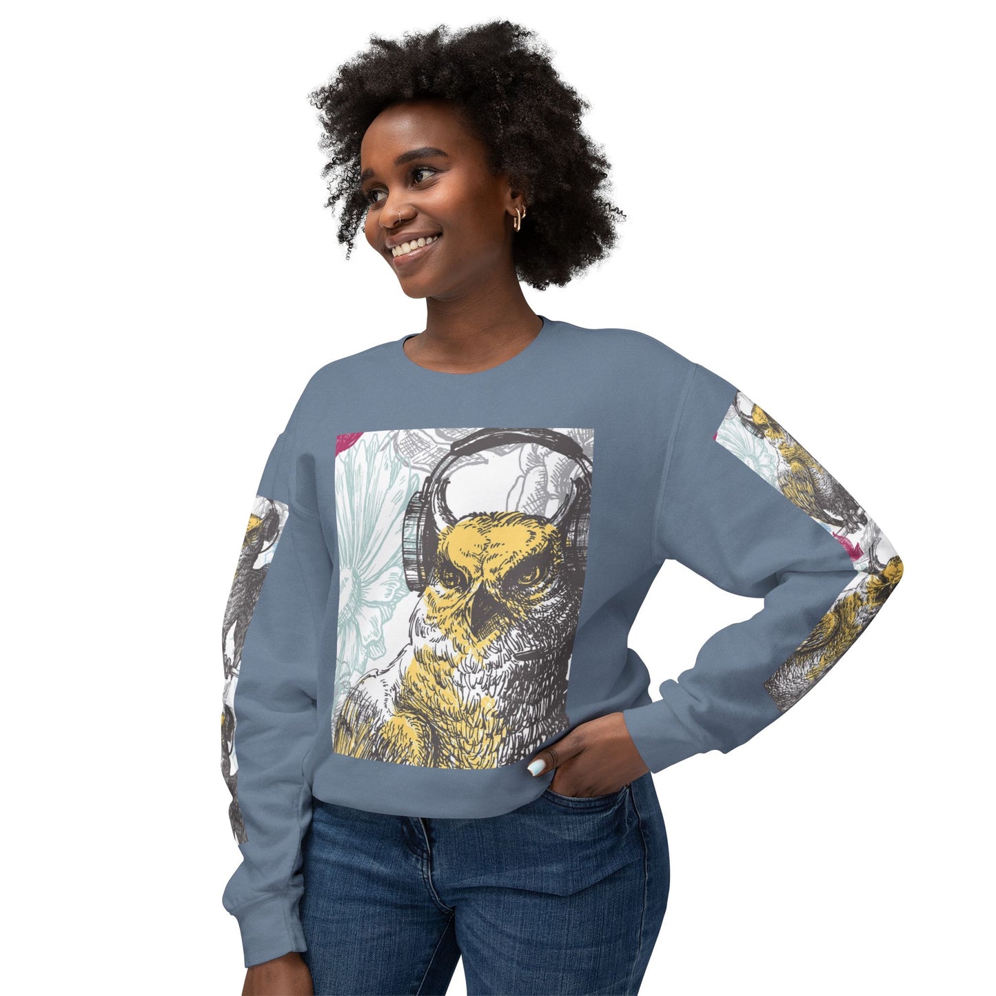 Music Lover's Owl Graphic Crewneck Sweatshirt - Unisex Lightweight Design