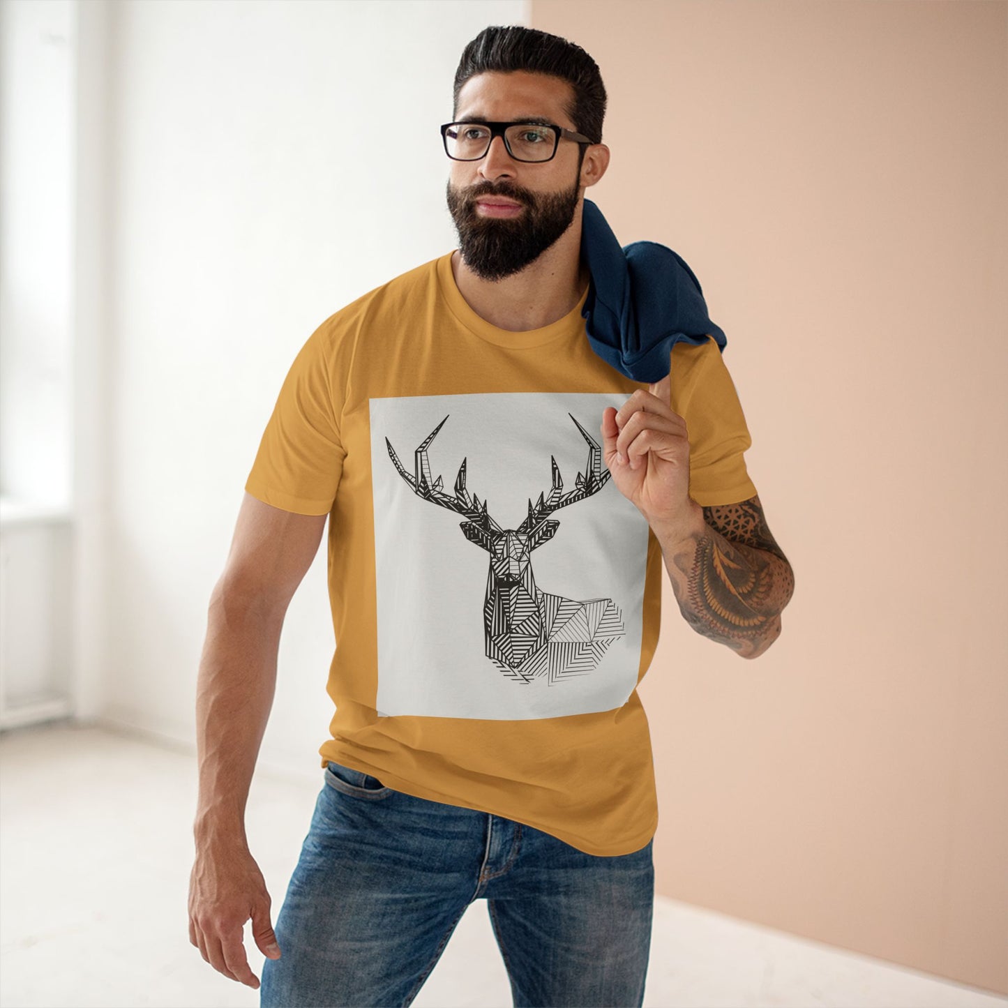 Geometric Deer & Spider Web Adult Staple Tee - Nature-Inspired Graphic T-Shirt for Outdoor Enthusiasts