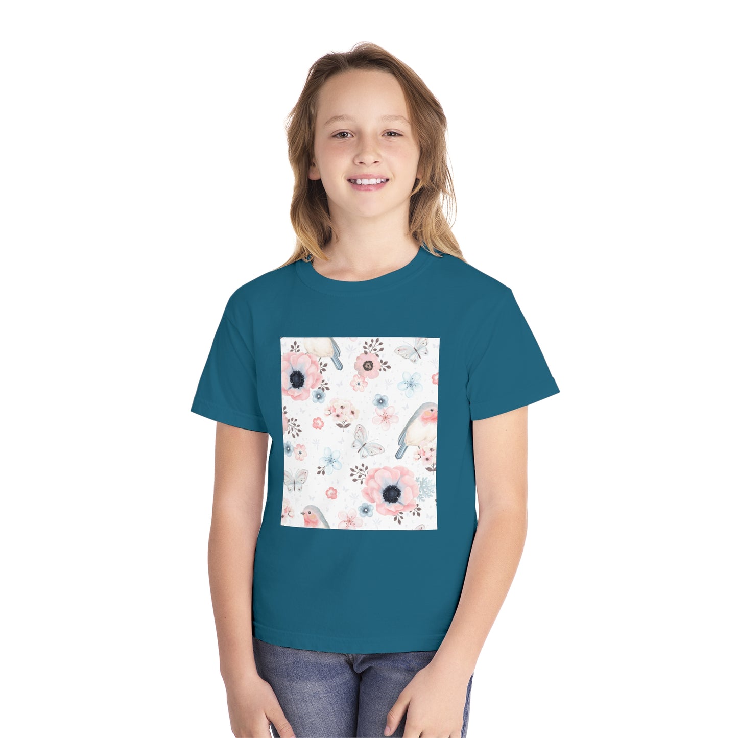 Floral Bird Youth Tee - Soft Midweight T-Shirt for Nature Lovers