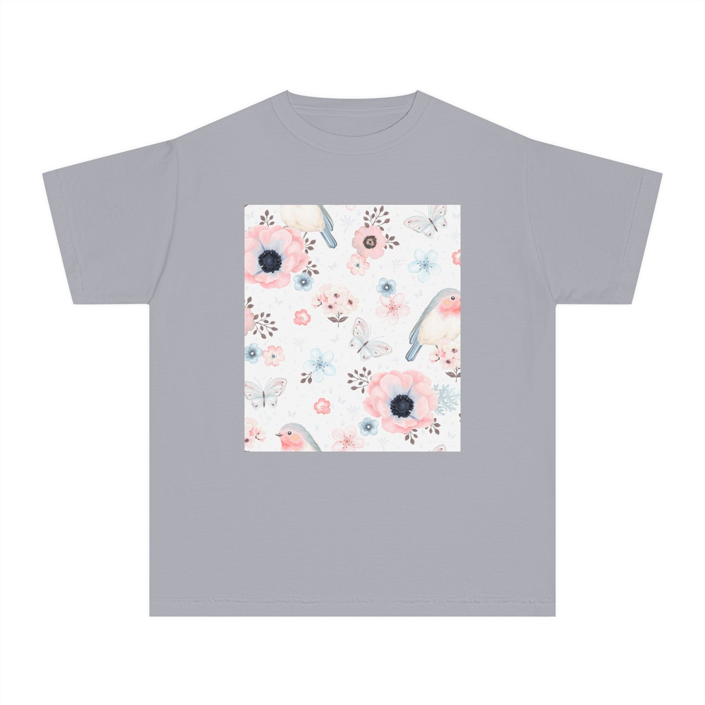 Floral Bird Youth Tee - Soft Midweight T-Shirt for Nature Lovers