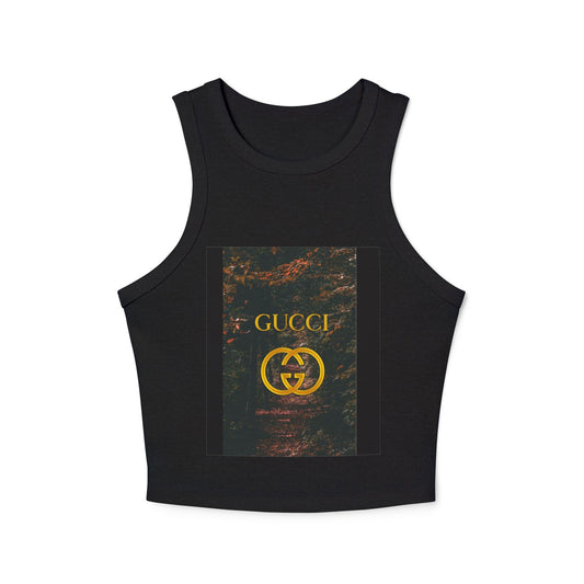 Trendy Women's Micro Rib Racer Tank Top with GUCCI Graphic - Casual Chic Style for Everyday Wear