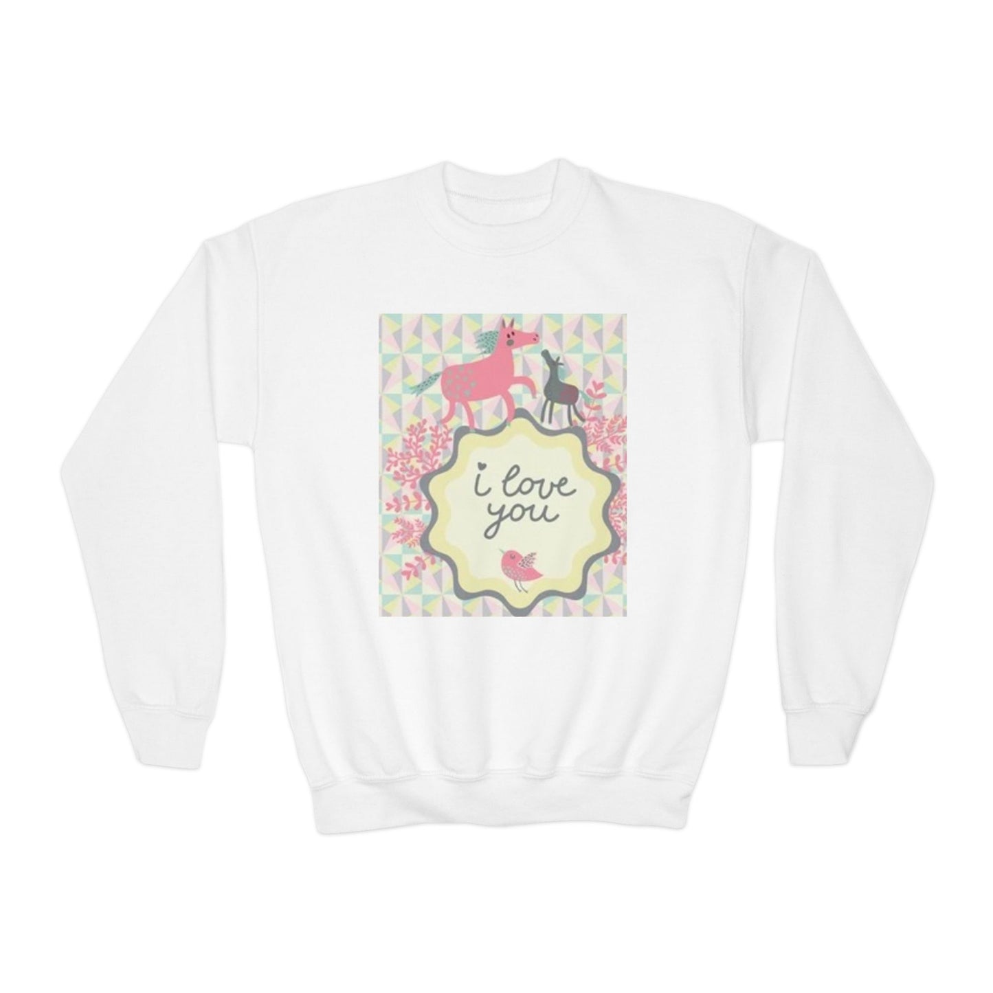 Youth Crewneck Sweatshirt with "I Love You" Unicorn Design