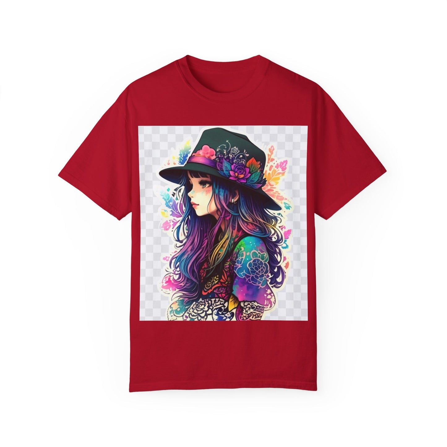 Vibrant Bohemian T-Shirt with Colorful Tattooed Girl Design