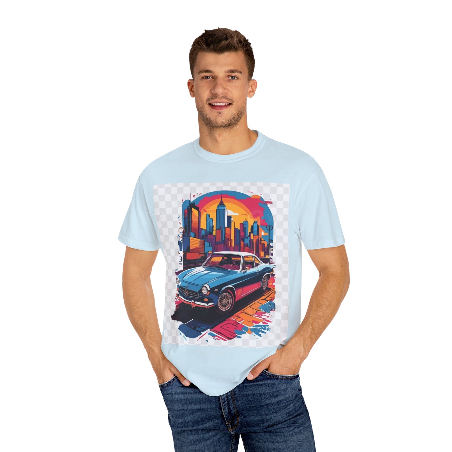 Retro Car Graphic Unisex T-Shirt - Colorful Cityscape Design