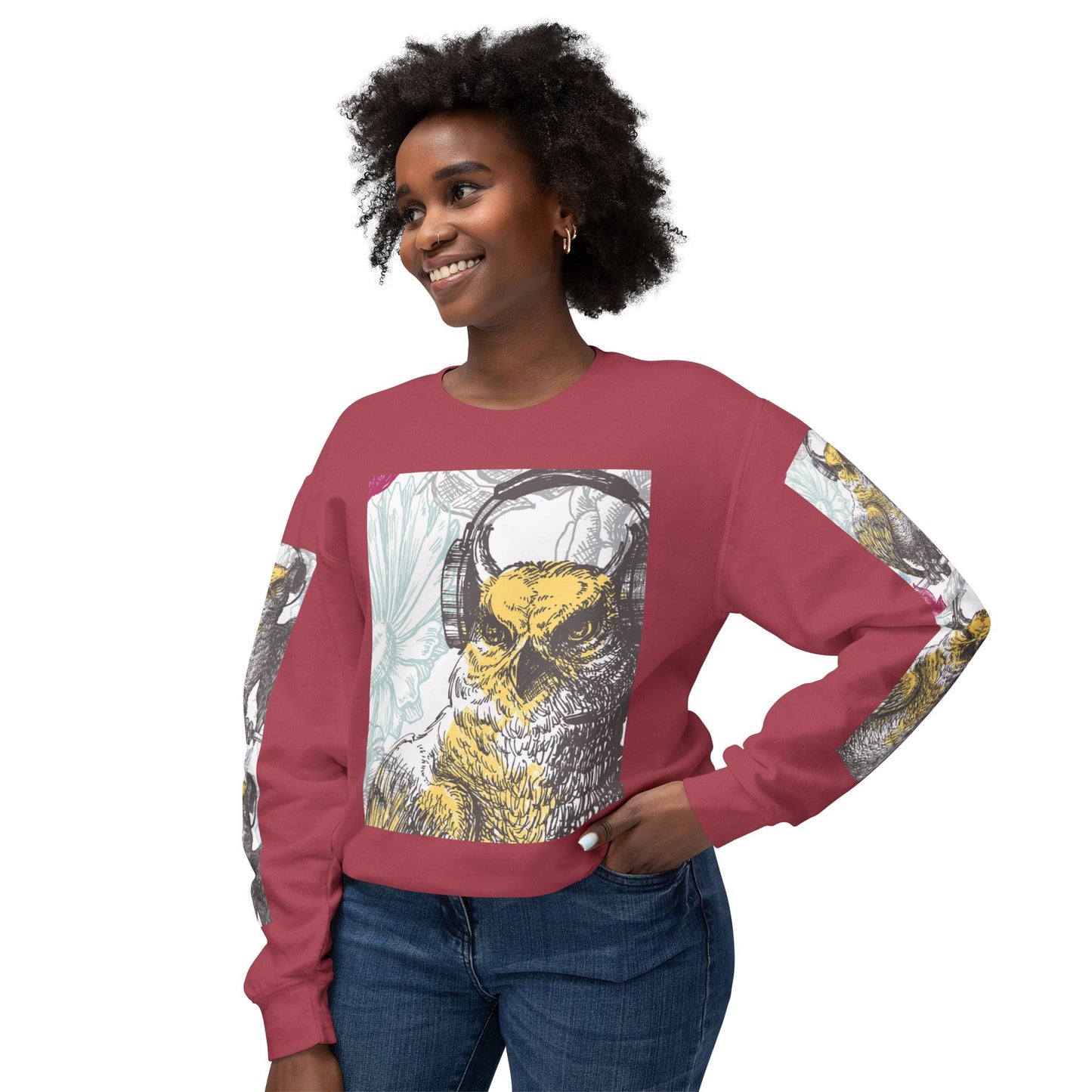 Music Lover's Owl Graphic Crewneck Sweatshirt - Unisex Lightweight Design
