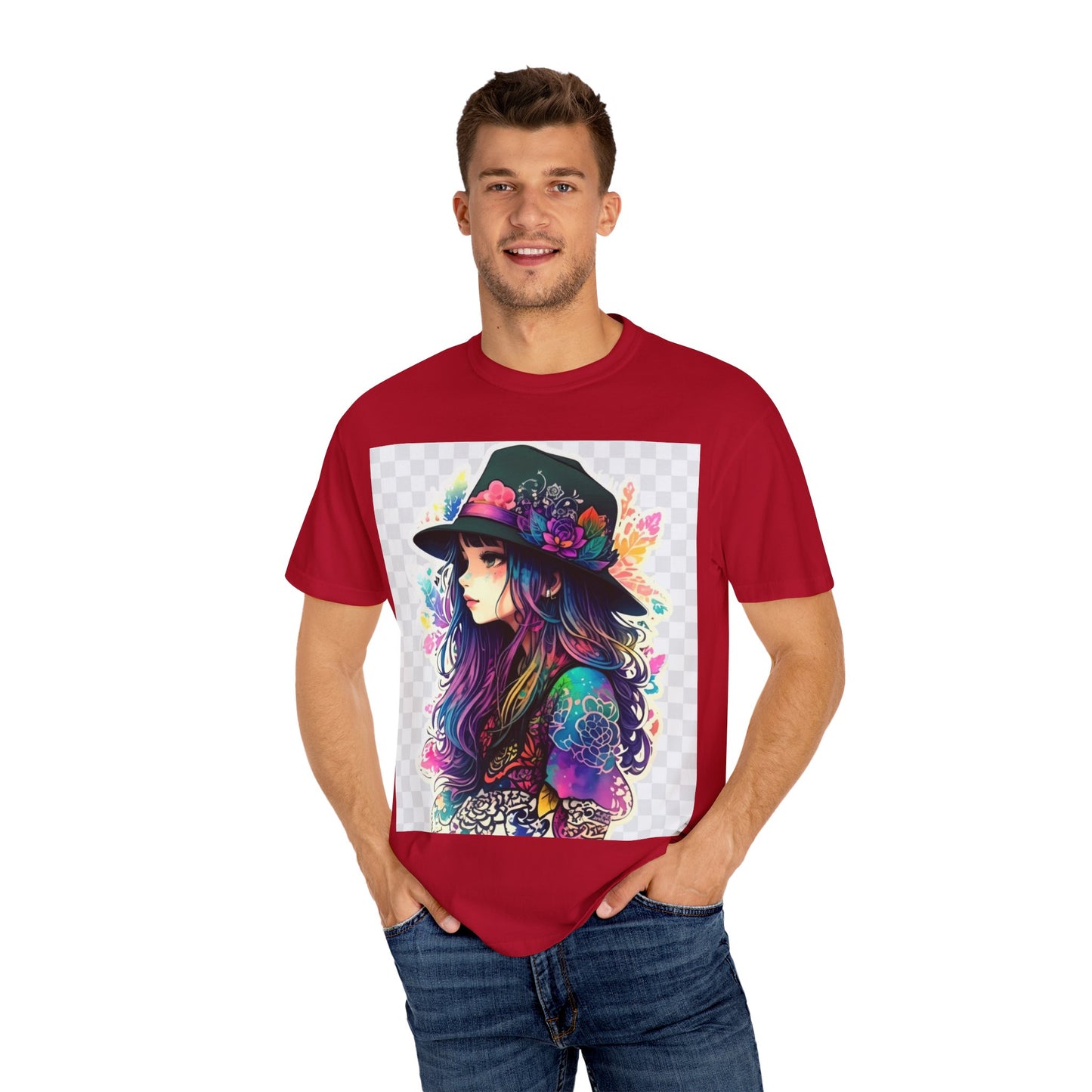 Vibrant Bohemian T-Shirt with Colorful Tattooed Girl Design
