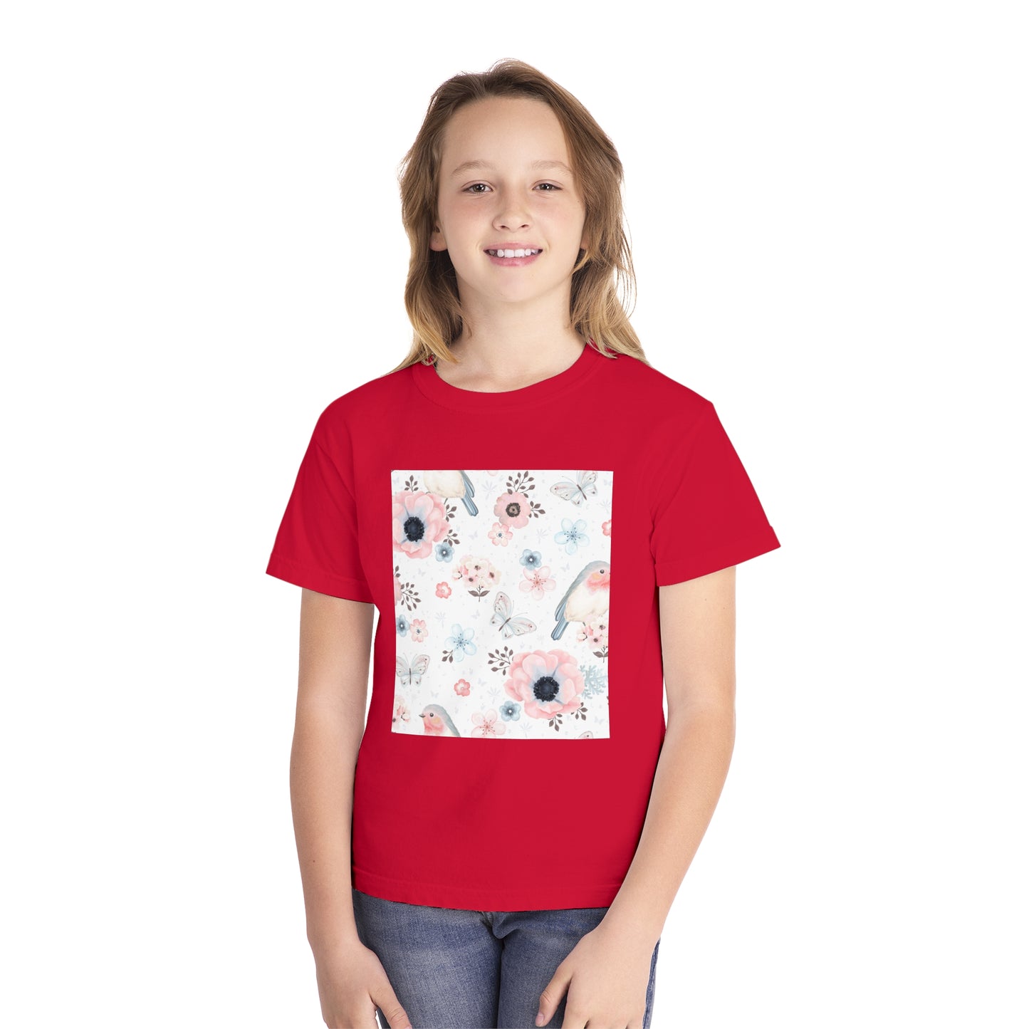 Floral Bird Youth Tee - Soft Midweight T-Shirt for Nature Lovers