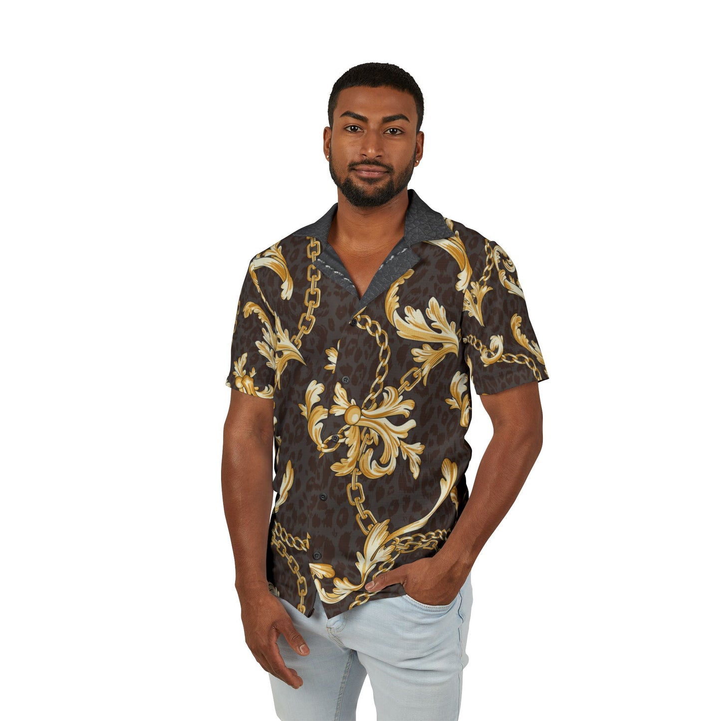 Men's Luxurious Hawaiian Camp Shirt - Gold Chain Pattern for Summer Style