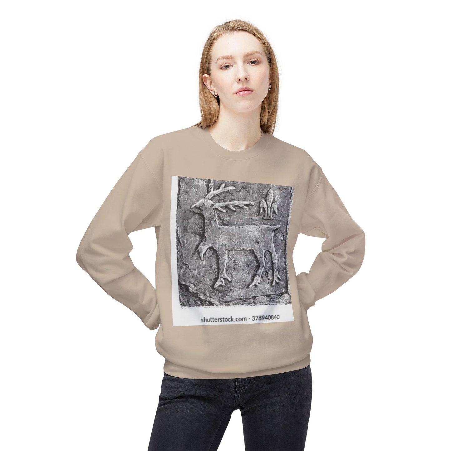Vintage-Inspired Fleece Crewneck Sweatshirt with Ancient Deer Design