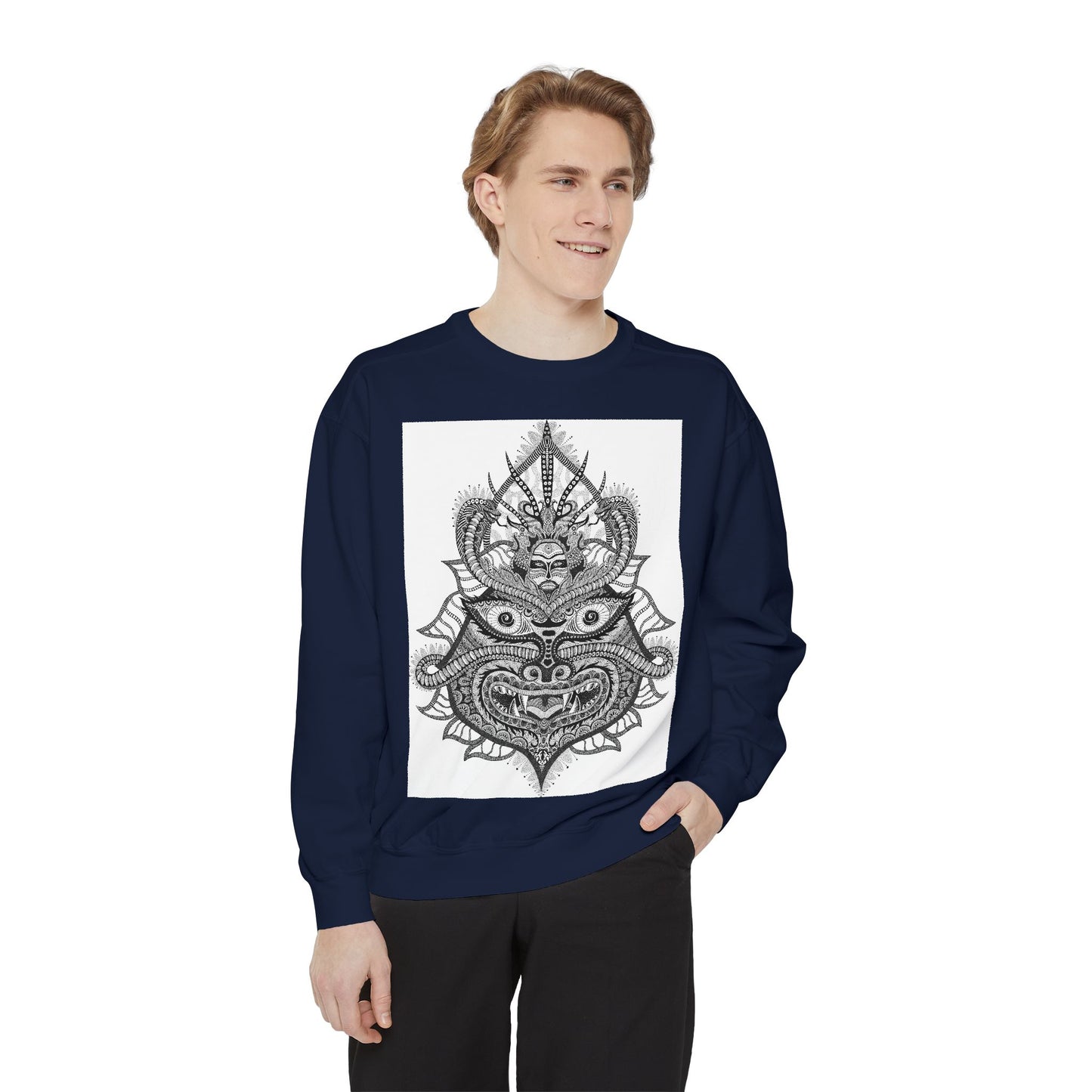 Unique Unisex Garment-Dyed Sweatshirt with Intricate Graphic Design