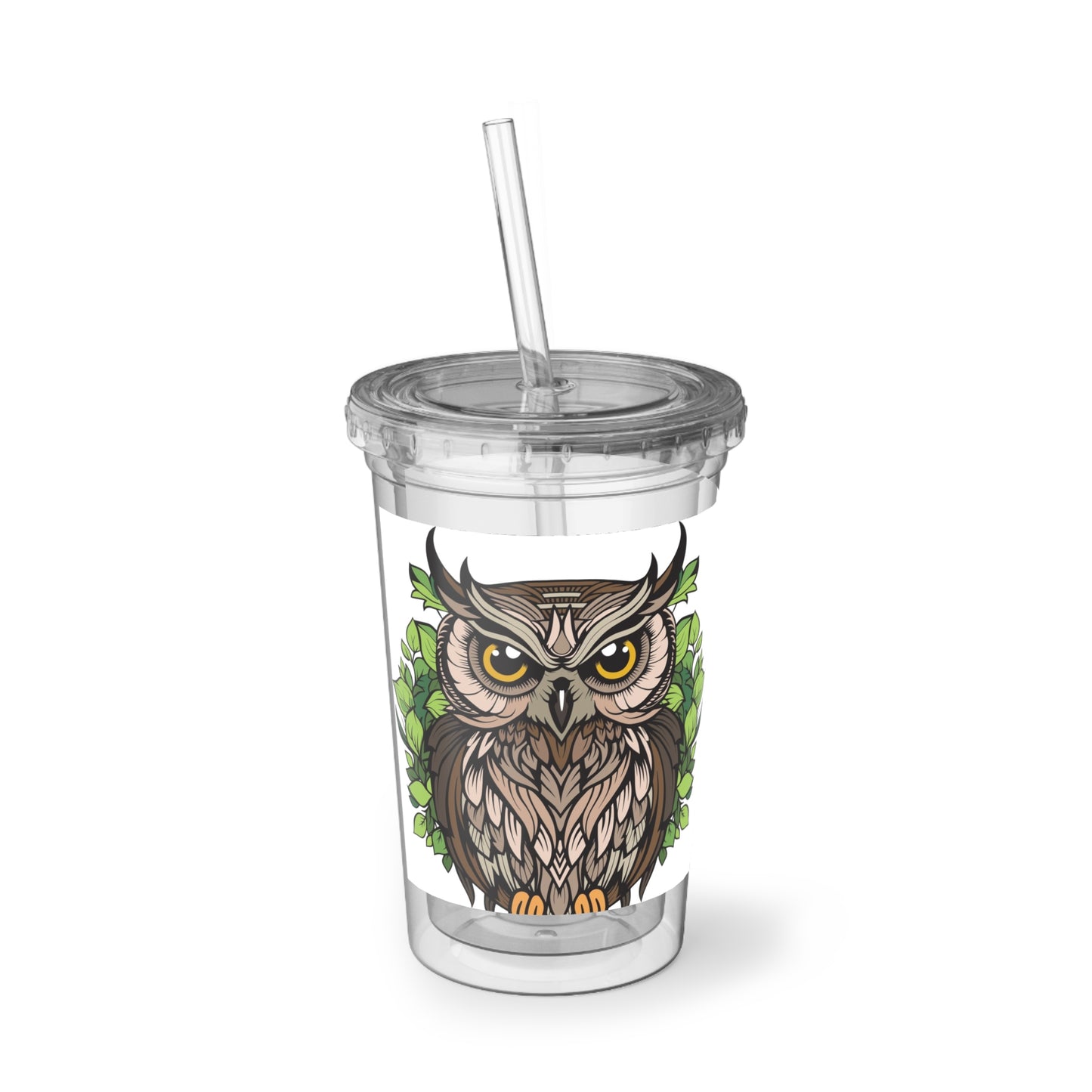 Owl Design Acrylic Cup with Straw - Eco-Friendly Travel Tumbler
