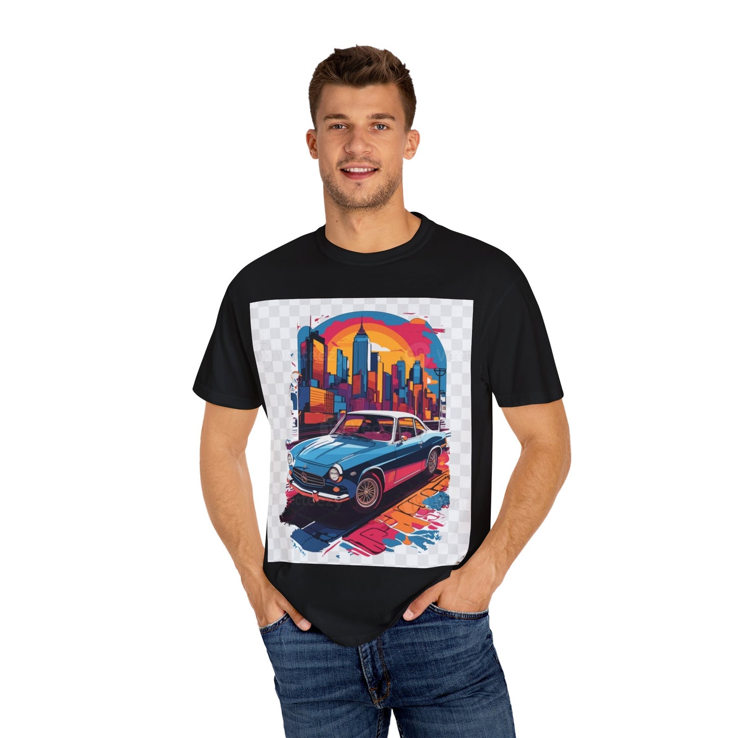 Retro Car Graphic Unisex T-Shirt - Colorful Cityscape Design