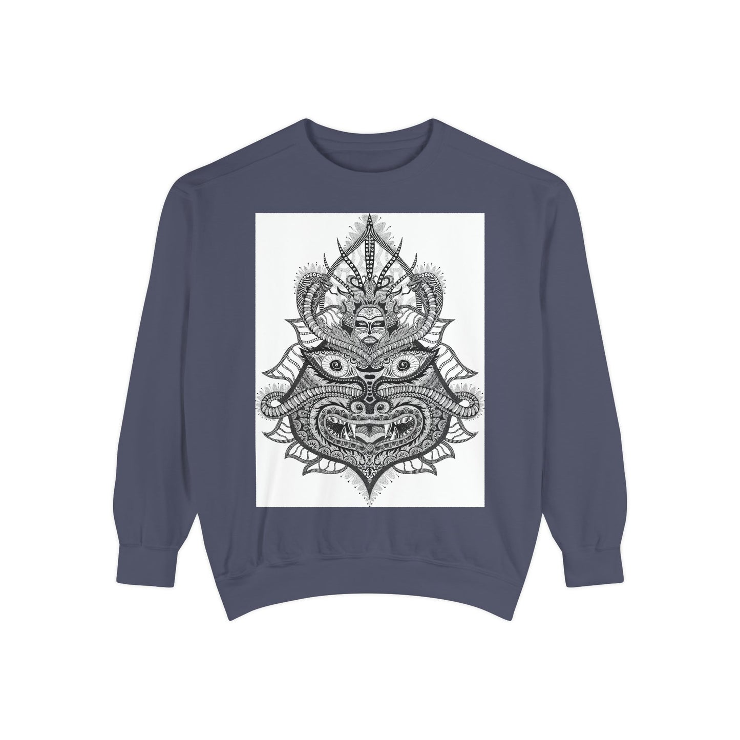 Unique Unisex Garment-Dyed Sweatshirt with Intricate Graphic Design