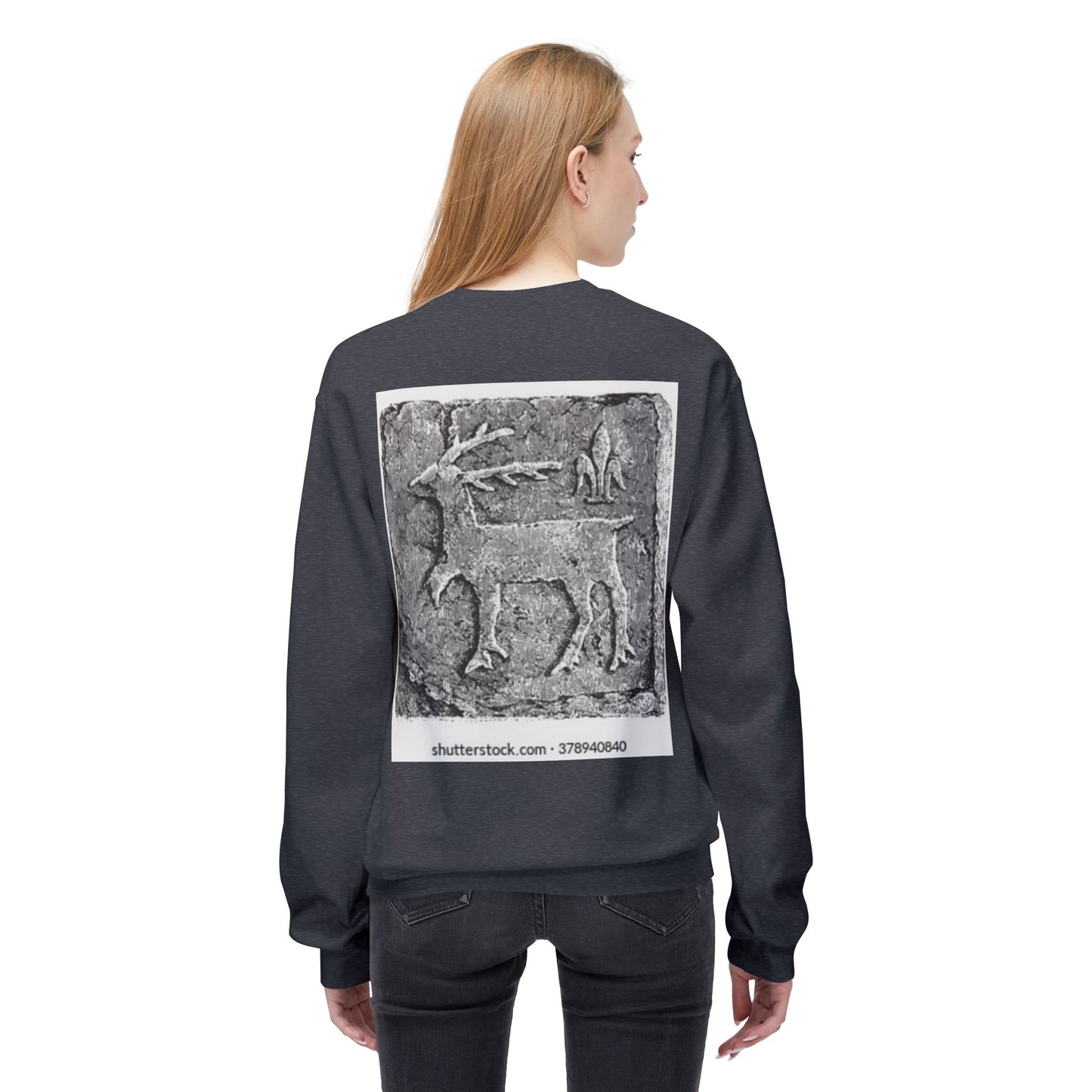 Vintage-Inspired Fleece Crewneck Sweatshirt with Ancient Deer Design
