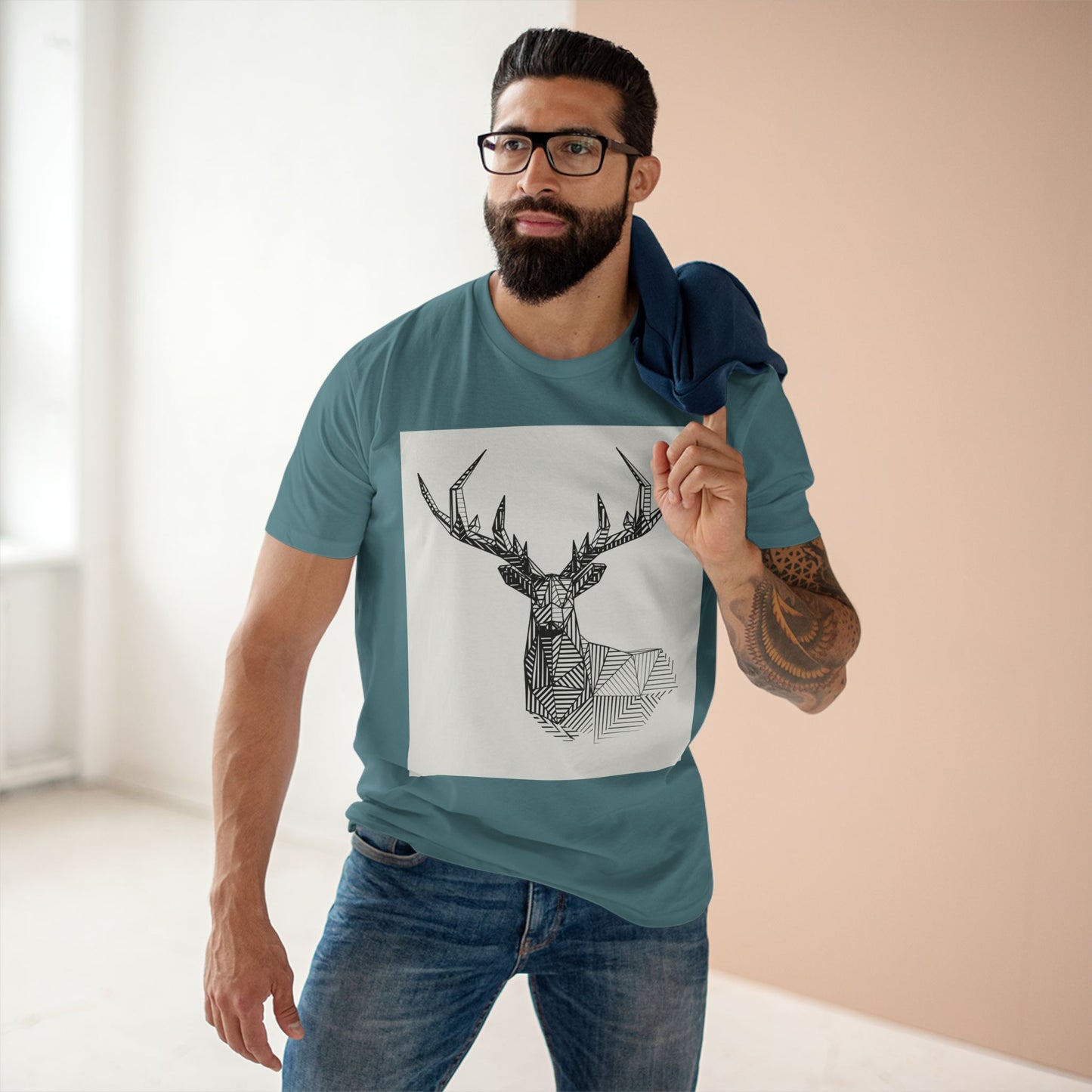 Geometric Deer & Spider Web Adult Staple Tee - Nature-Inspired Graphic T-Shirt for Outdoor Enthusiasts