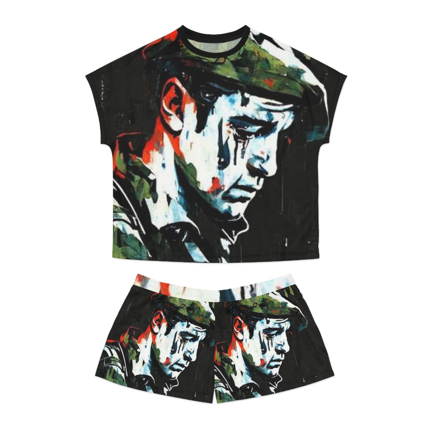 Artistic Women's Short Pajama Set - Emotional Portrait Design