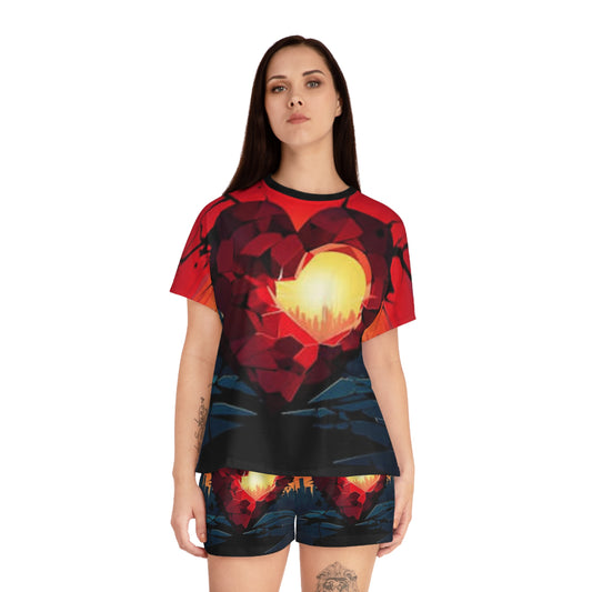 Romantic Heart Print Women's Short Pajama Set - Cozy Sleepwear for Dreamy Nights