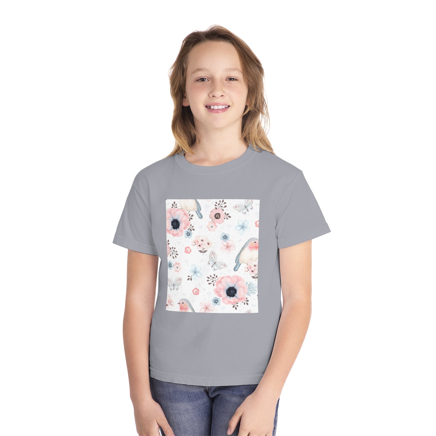 Floral Bird Youth Tee - Soft Midweight T-Shirt for Nature Lovers